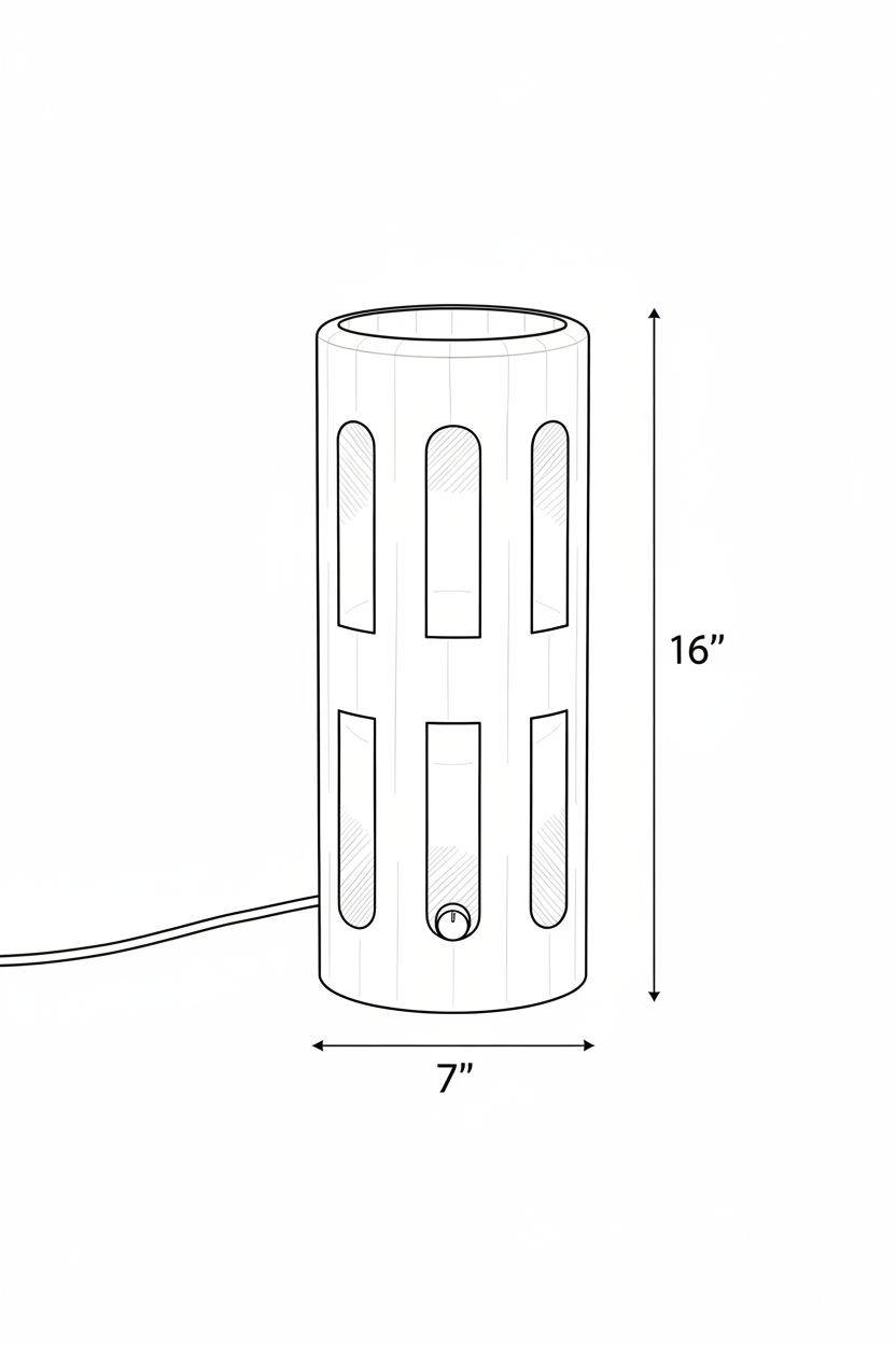 Black and white line drawing showing the dimensions of a cylindrical lamp, labeled 16 inches tall and 7 inches wide, with a power cord extending from the left.