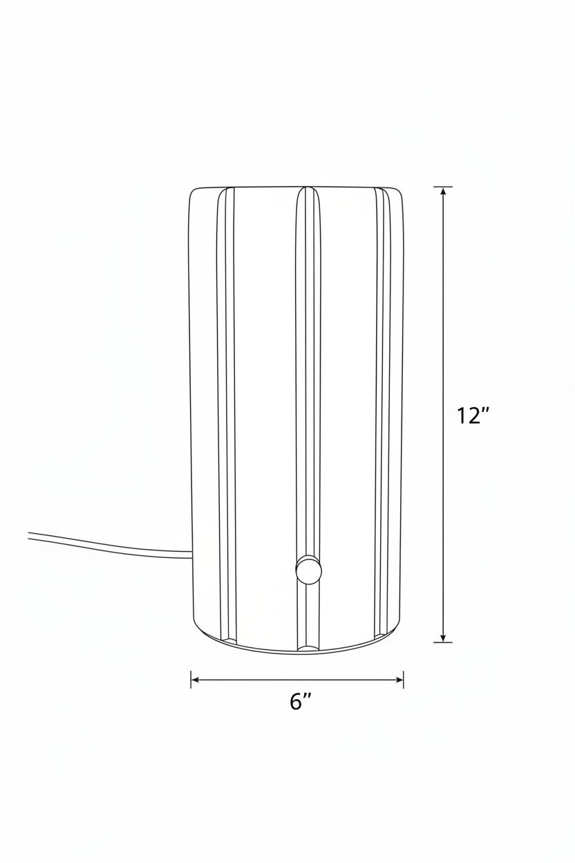 Black line drawing of a Sixto cylindrical table light fixture with dimension labels showing 12 inches height and 6 inches width on a white background.