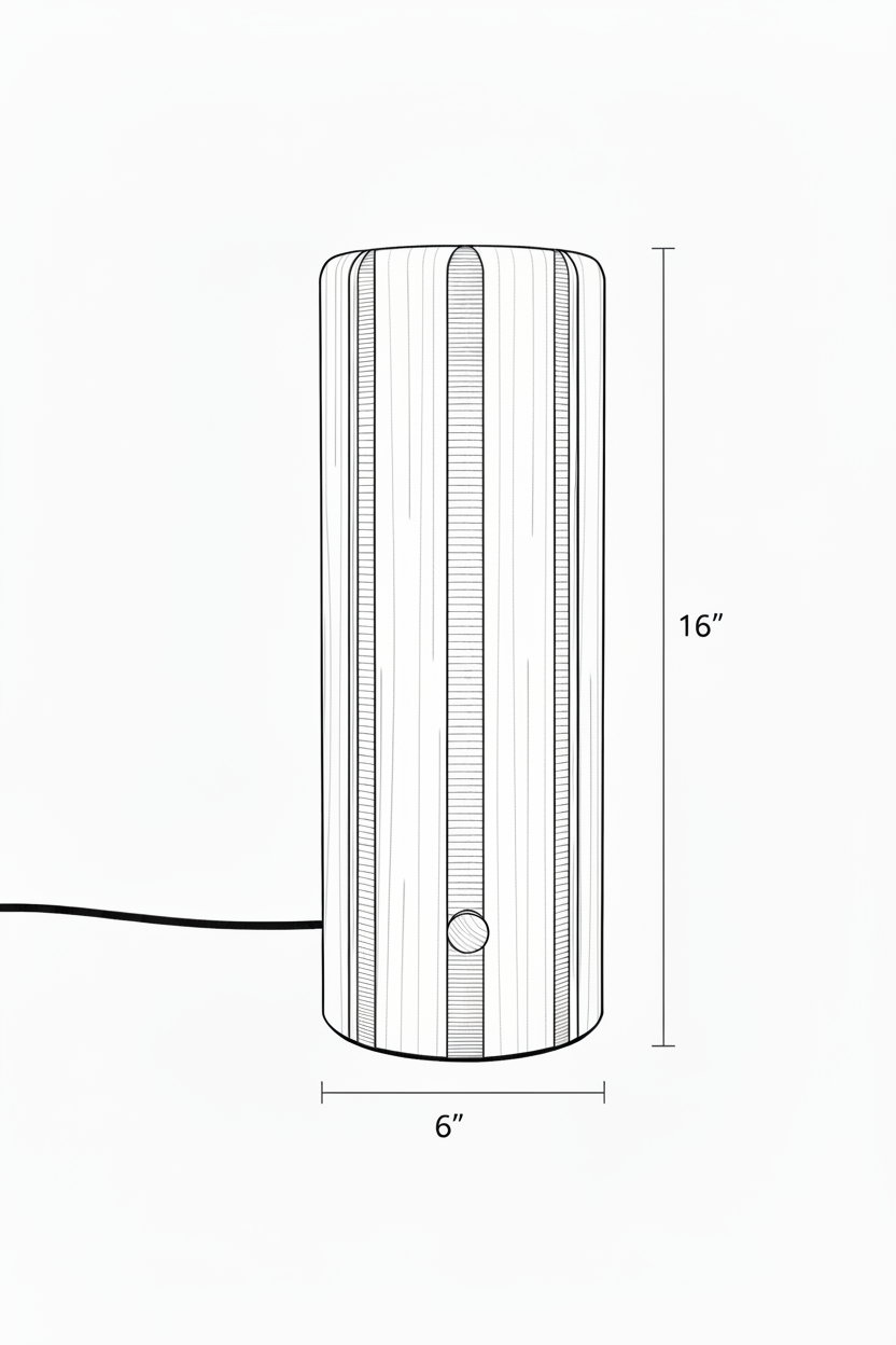 Black line drawing of a Sixto cylindrical lamp or tower with dimension labels showing 16 inches tall and 6 inches wide on a light gray background.